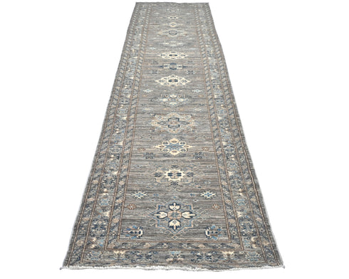 13 Ft Gray Kazak Afghan Hand Knotted Geometric Wool Runner Rug